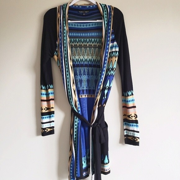 GYPSY 05 Global Village Longline Geomatric Aztec Cardigan Sweater Wrap Tie XS - Picture 4 of 10